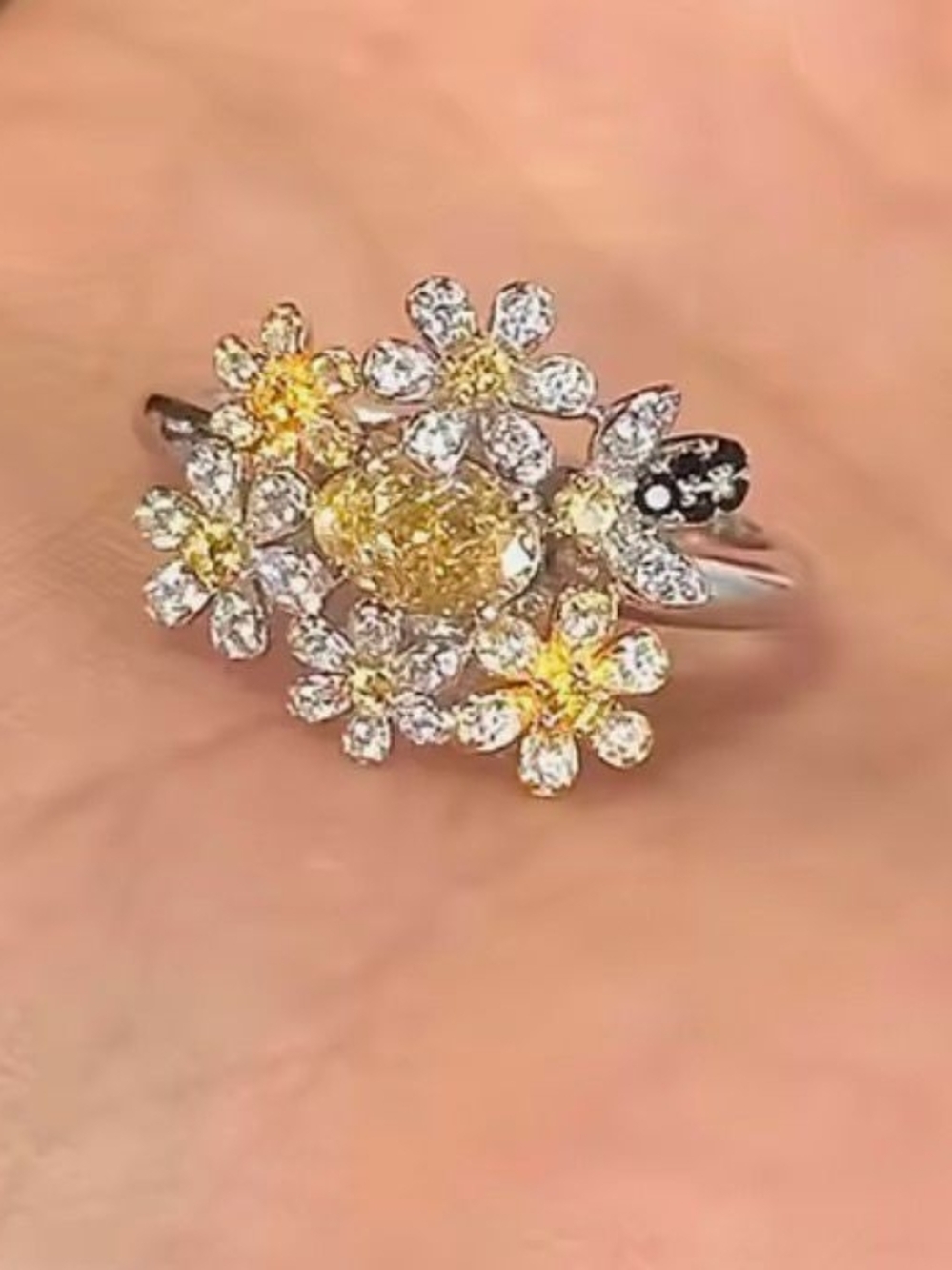 Yellow Floral Cluster Ring with Sparkling Accents - Women Jewelry - Picture 2 of 6